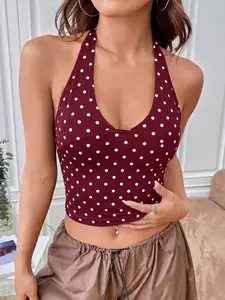 Wine Red Polka Dot Halter Neck Crop Top Women Deep V Slim Fit Bodycon Cami Sexy Clubwear Party Top Y2K Streetwear Summer Going Out Top Elegant Chic Basic Tank Fashion