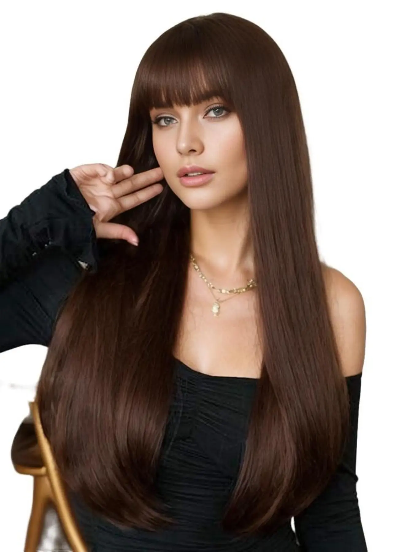 Synthetic Long Straight Wig with Full Bangs, Chocolate Brown Silky Straight Machine‑made Wig for Women, Beginner‑Friendly Natural Looking Wig for Daily Wear, Date Night, Party & Photoshoot