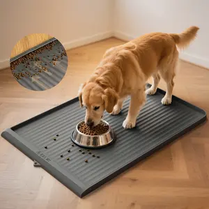 Dog Mat, Waterproof Pet Feeding Mat with Drip Channels and Raised Edges, Large Non-Slip Dog Bowl Mat for Food and Water, Cat Mat, Easy to Clean, Gray