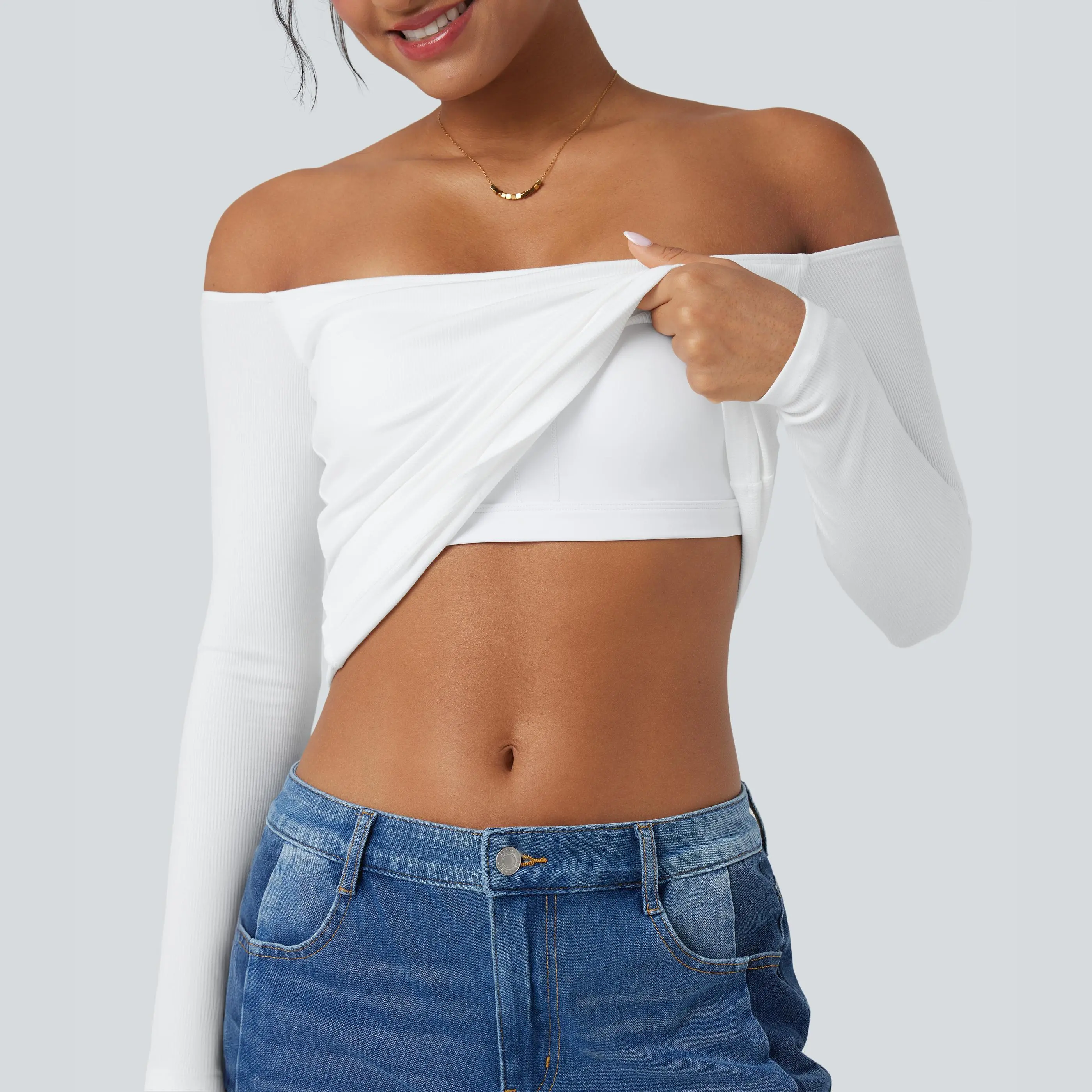 Halara Ribbed Knit Off Shoulder Long Sleeve 2-in-1 Casual Top #BackToSchool Halara Ribbed Knit Off Shoulder Long Sleeve 2-in-1 Casual Top #BackToSchool
