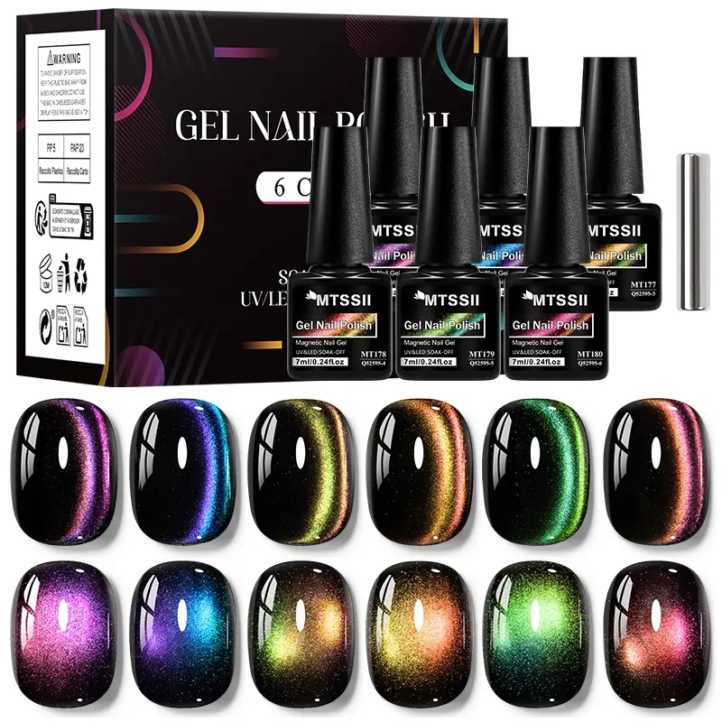MTSSII 7pcs Rainbow Magnetic Nail Gel Polish Set, Double Light Starry Galaxy Effect Cat Eye Nail Gel, Glitter Colorful Long Lasting Soak Off UV/LED Nail Art Gel Varnish, Ideal Gift for Women and Girls