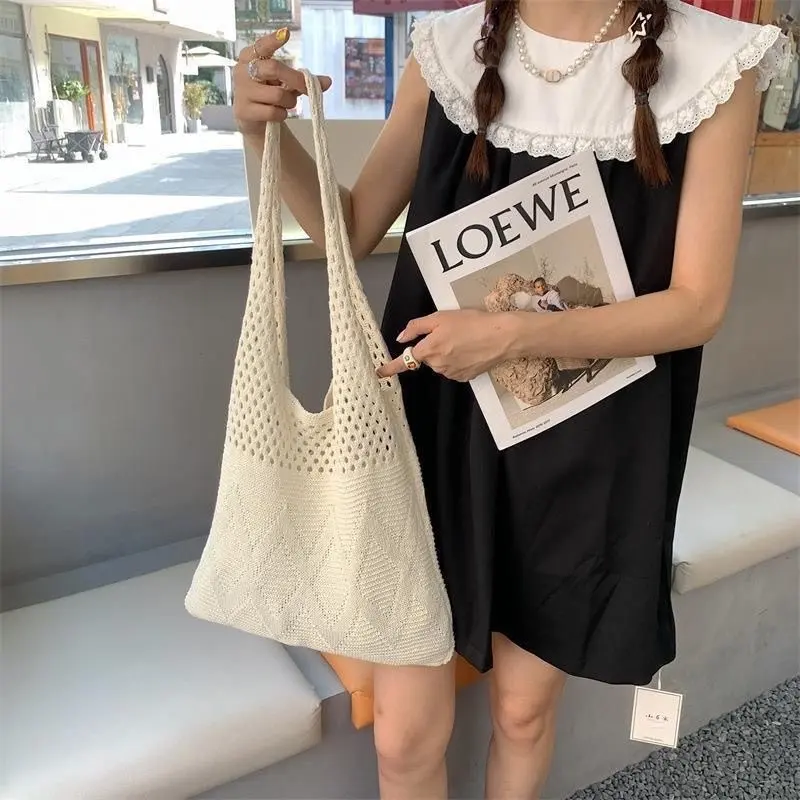 Vintage Boho Knit Crossbody Bag, Hollow Out Textile Shoulder Bag, Simple & Elegant Weave Tote, Versatile Fabric Tote Bag, Knitted Bag