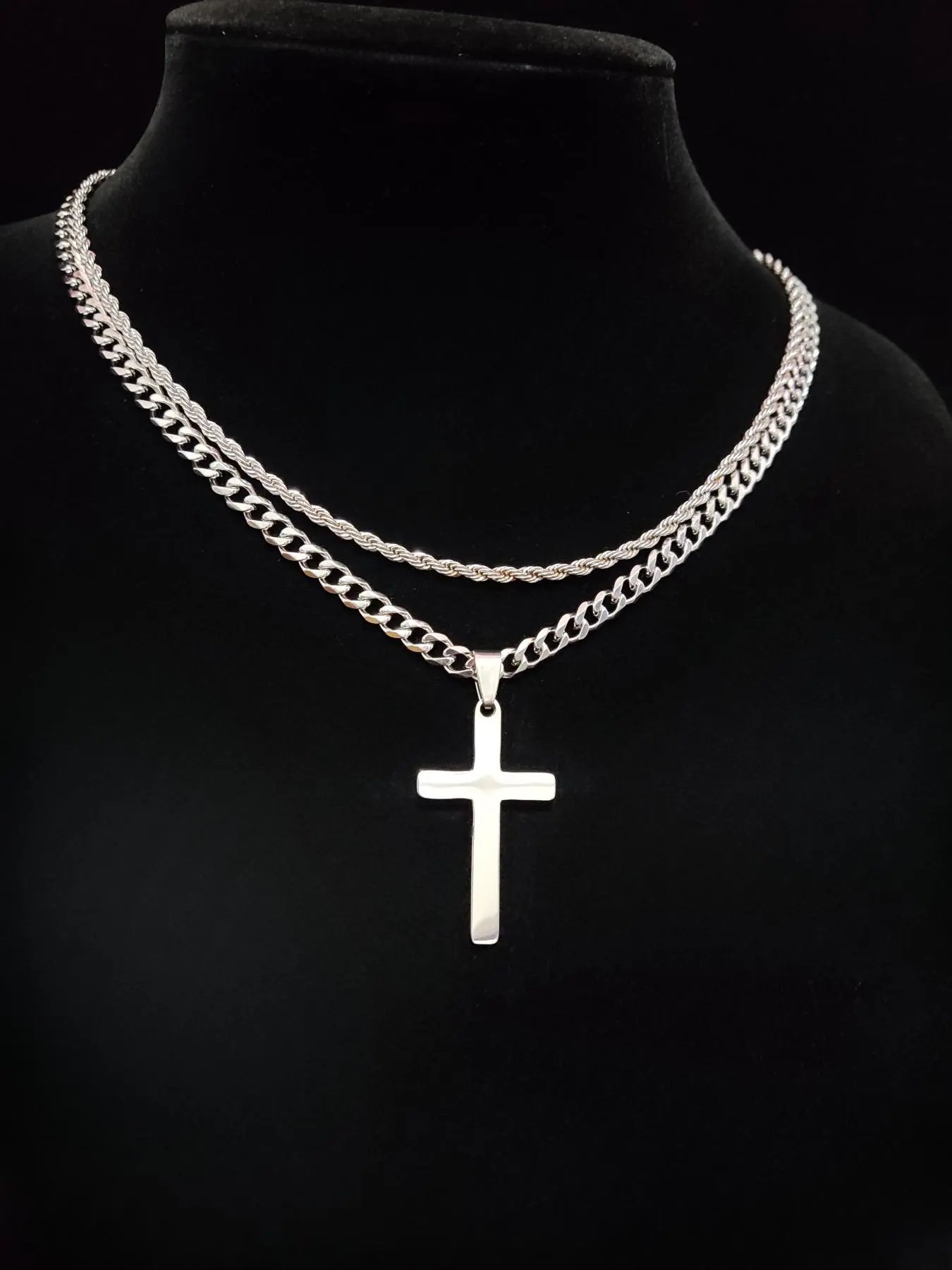 Cross Pendant & Cuban Chain Necklace Set for Men & Women, Stainless Steel Jewelry for Party, Daily Clothing Decor, Trendy All-match & Exquisite Jewelry for Birthday Gift
