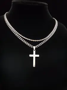 Cross Pendant & Cuban Chain Necklace Set for Men & Women, Stainless Steel Jewelry for Party, Daily Clothing Decor, Trendy All-match & Exquisite Jewelry for Birthday Gift