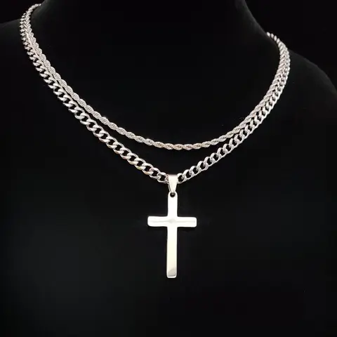 Cross Pendant & Cuban Chain Necklace Set for Men & Women, Stainless Steel Jewelry for Party, Daily Clothing Decor, Trendy All-match & Exquisite Jewelry for Birthday Gift, Cuban link chains #GLOBAL PICKS