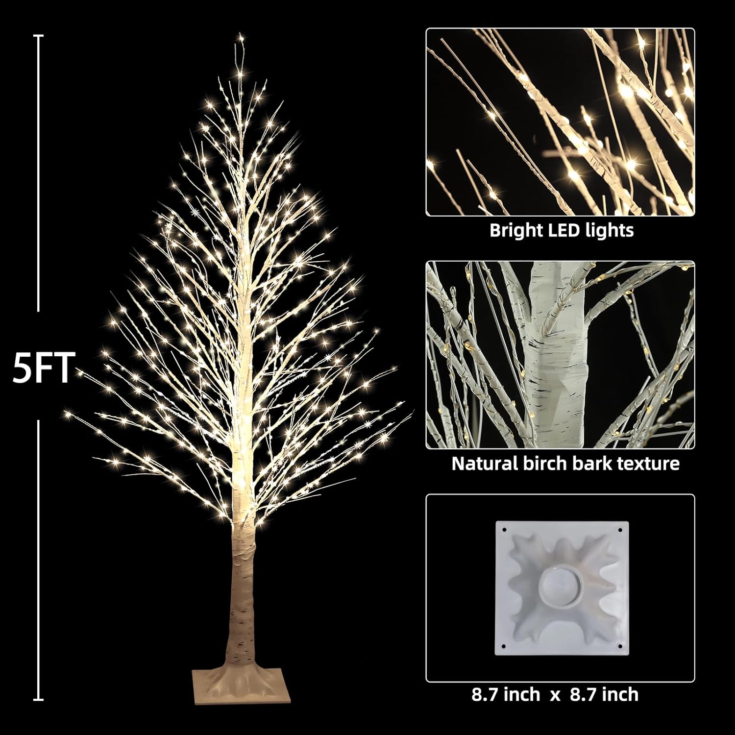 5FT Lighted Birch Tree with Twinkle Lights, 560 LED Warm White Lights with Timer, LED Lighted Christmas Tree for Indoor Outdoor  Room Wedding Party Christmas Decorations