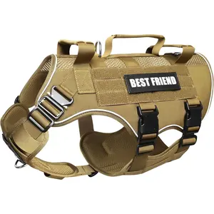 No Pull Tactical Dog Harness for Large Dogs with Metal Buckles, Breathable Air Mesh Service Dog Vest, Military Molle Harness with 3 Durable Handles for Training Hiking Hunting Working Brown L