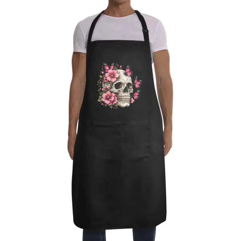 Custom Skull Floral Print Apron | Custom Photo Kitchen Apron, Gothic Sugar Skull Pink Flower Butterfly Apron, Personalized Custom Image Cooking Waterproof Apron For Men Womenswear Black Workwear Uniforms