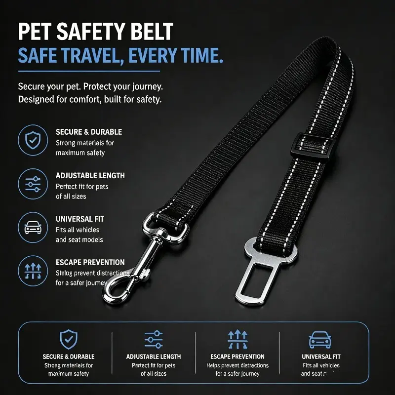 2-in-1 Adjustable Dog Chest Harness and Seat Belt with Reflective Strip - Suitable for All Pets, Can Be Used for Car Restraint Systems and Daily Walks Machine Washable Seat Belt Enhances Night Visibility Making It An Ideal Gift for Dog Owners