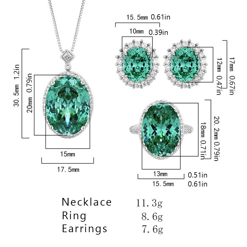 Vintage Simulated Gemstone Paraiba Green Oval Cut Jewelry Set for Women Ring Earrings  Necklace     Single Row Halo CZ    Luxury Fashion Accessories Gifts for Women