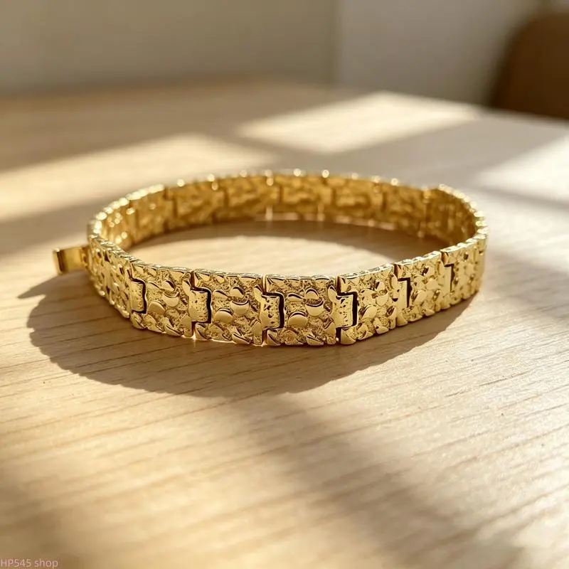 Nugget-Shape Gold-Plated Stainless Steel Bracelet, 15mm Width, 7in & 8in Two Size Options, Tarnish Free and No Fade Long-lasting Jewelry, Stylish Daily Accessories for Men, Perfect Gift for Guys, Do Not Wear During Long Showers homedecorLumina