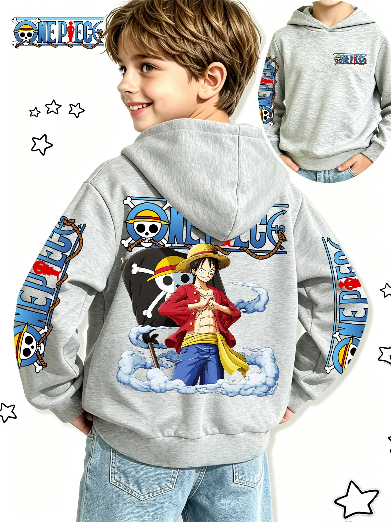 One Piece Boys' Anime Sweatshirt, Luffy Pirate Flag Print, Spring & Fall Casual Hoodie, Perfect for Holidays & Daily Wear