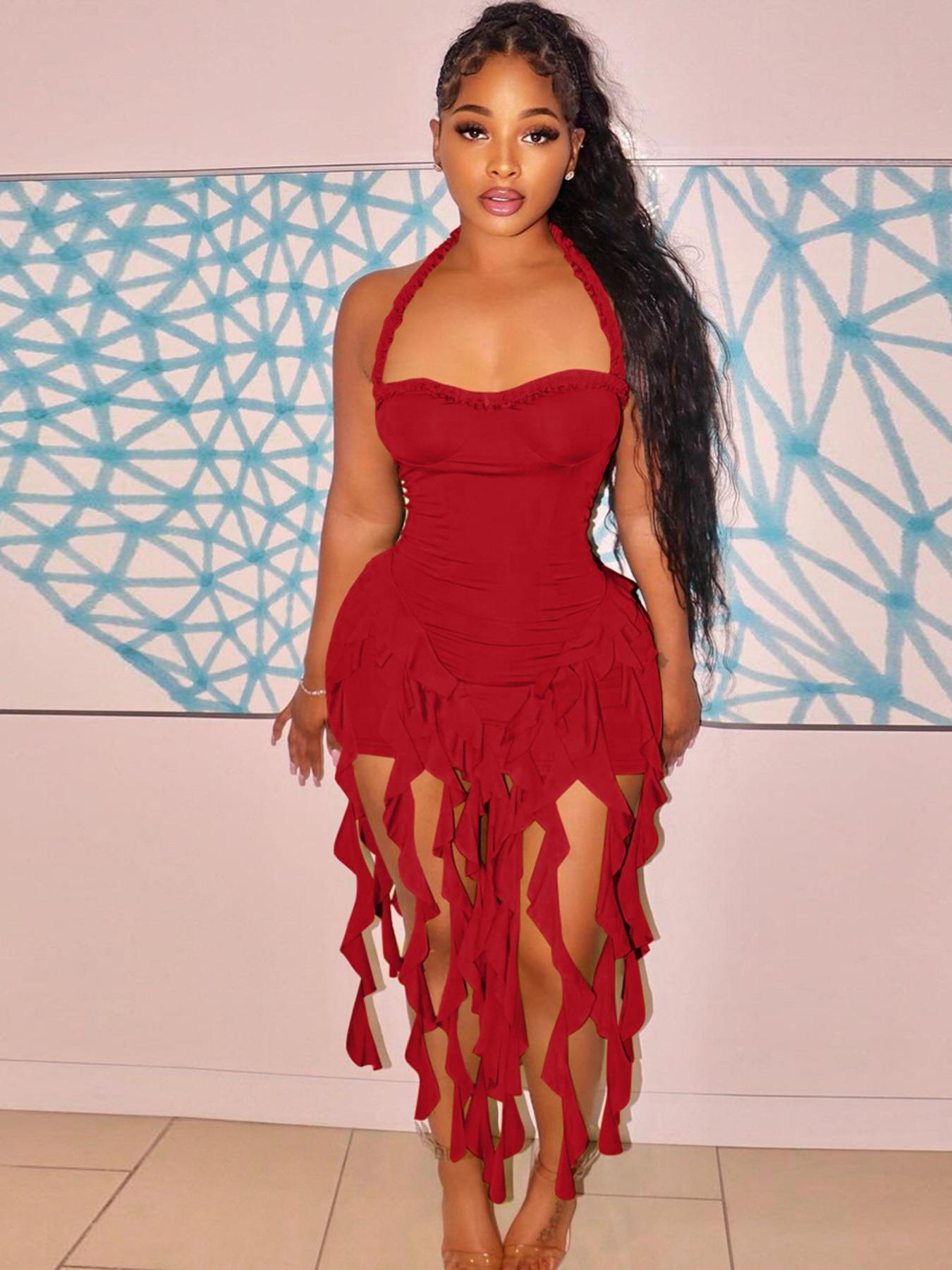 Women's Y2K Octopus Bodycon Dress Plain Ribbon Halter Neck Ruffle Hem Backless Sleeveless Mini Dress for Party Club Dating Summer Fashion Valentine's Day Gift