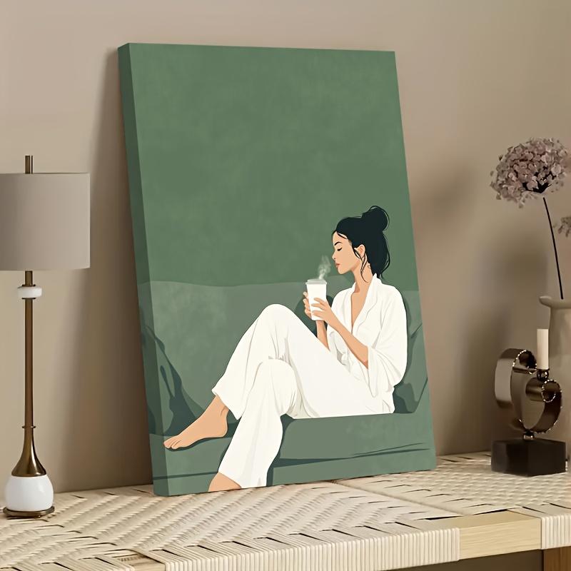 2D Flat, 1pc of 2D High-definition Printed Framed Canvas Art and Poster Featuring A Woman in a White Robe Sitting on a Striped Sofa Suitable As Decorative Art for Living Room Bedroom And Bathroom. Photo Ornaments
