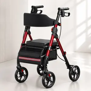 Foldable Rollator Walker with Seat for Seniors, 350 lb Capacity, 8'' Big Wheels, 6-Position Height Adjustability, Hybrid Aluminum-Carbon Steel Frame, Red, Indoor-Outdoor Mobility Aid, Under-Seat Storage Pouch