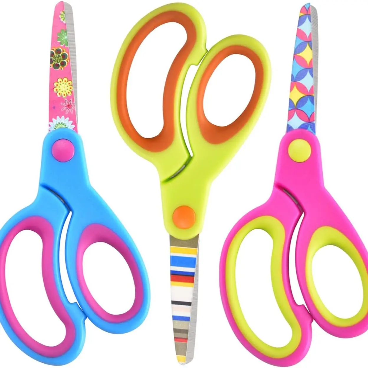 Safe Scissors Set, Dull Blade Floral Design, Soft Grip Handle, Ideal for DIY, Art, Home, School, Office Cutting Supply, Blue//