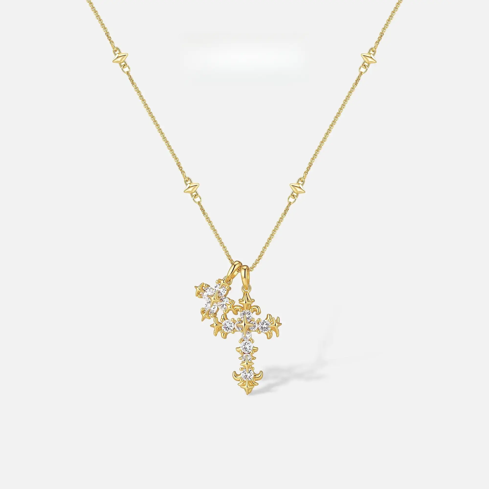 Lightweight Gold-Plated Iris Cross Motif Necklace - Brass Base Electroplated Metal, Classic Symbol Christian Pendant, Unisex Costume Jewelry Gift for Everyday Use, Long Length