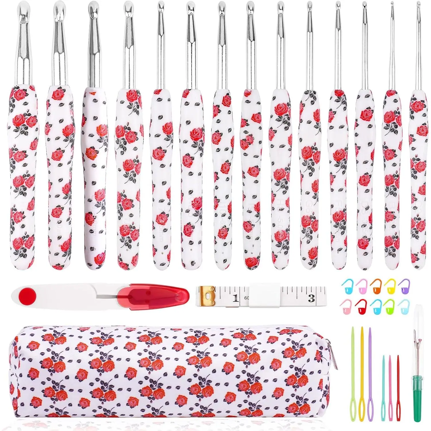 Crochet Hook Set  Handle for  Hands | 14 Sizes 2.25mm(B)-10mm(N),Rose Crochet Hooks,Soft Rubber Grip Crochet  for Beginner,Crochet