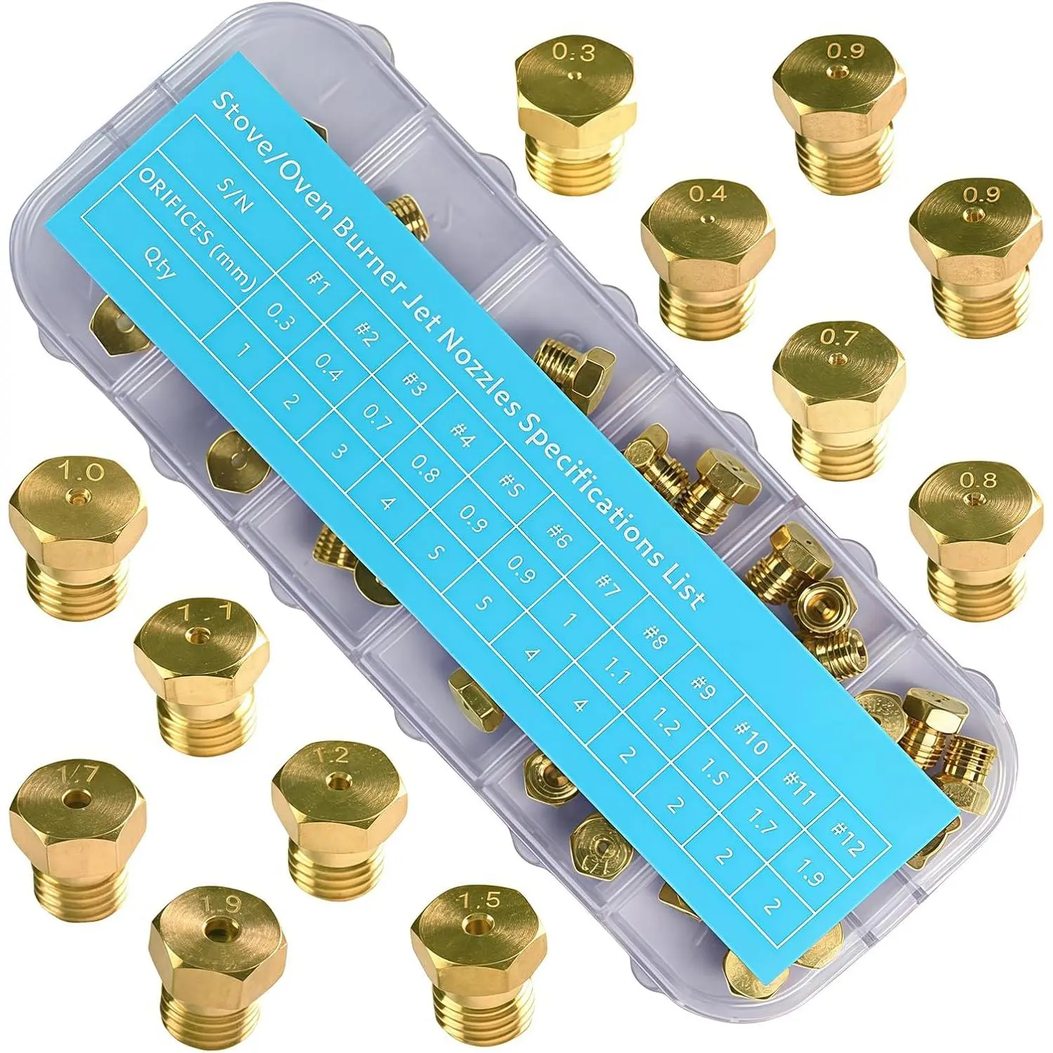 36-Count Solid Brass LP Gas Range Stove Oven Orifice Conversion Kit - M6x0.75 mm Threaded Burners Tips, Multi-Size Jets (0.3/0.4/0.7/0.8/0.9/1.0/1.1/1.2/1.5/1.7/1.9 mm) with Brass Tips for Standard-Fit Gas Appliances, Lp Gas Jets