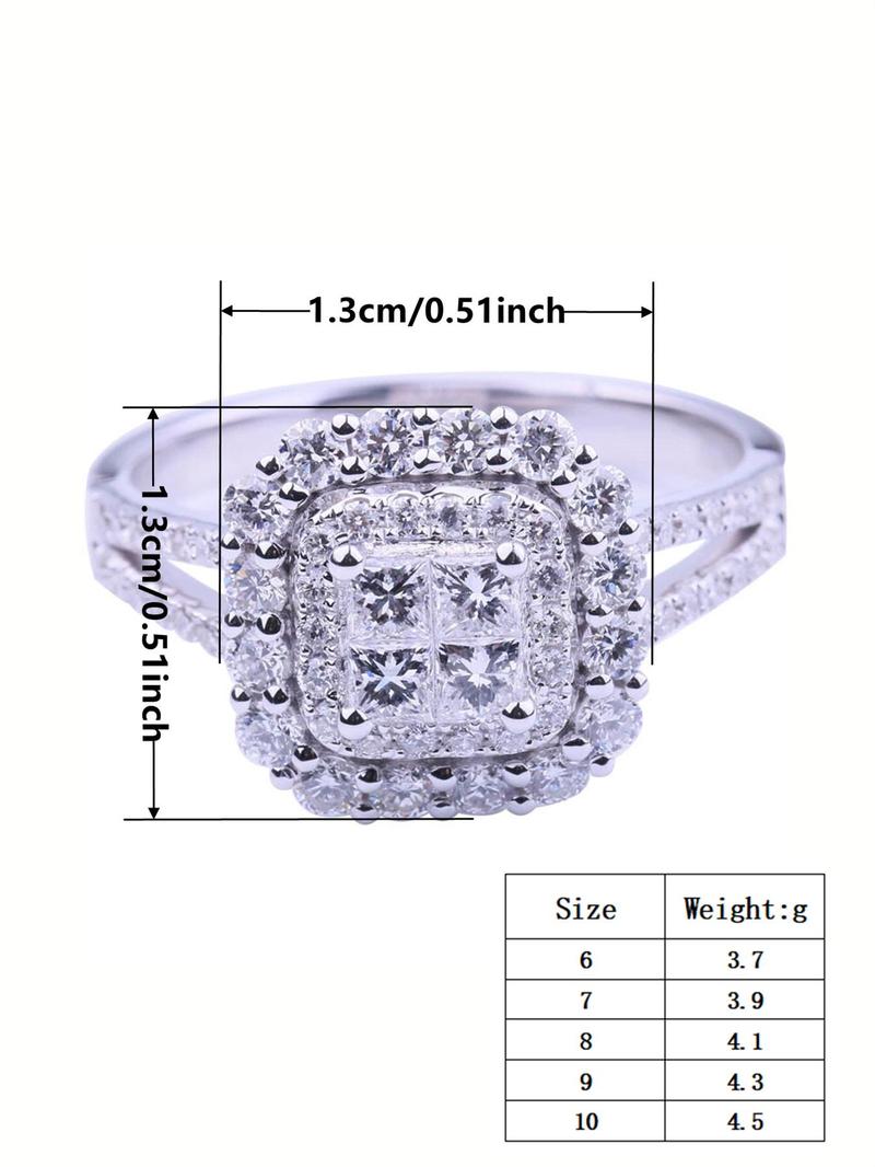 S925 Sterling Silver Luxury Gorgeous Square Shaped Rhinestone Decor Multi Cut Cluster Ring with Box, Elegant Exquisite Jewelry for Women for Summer Party & Daily Wear