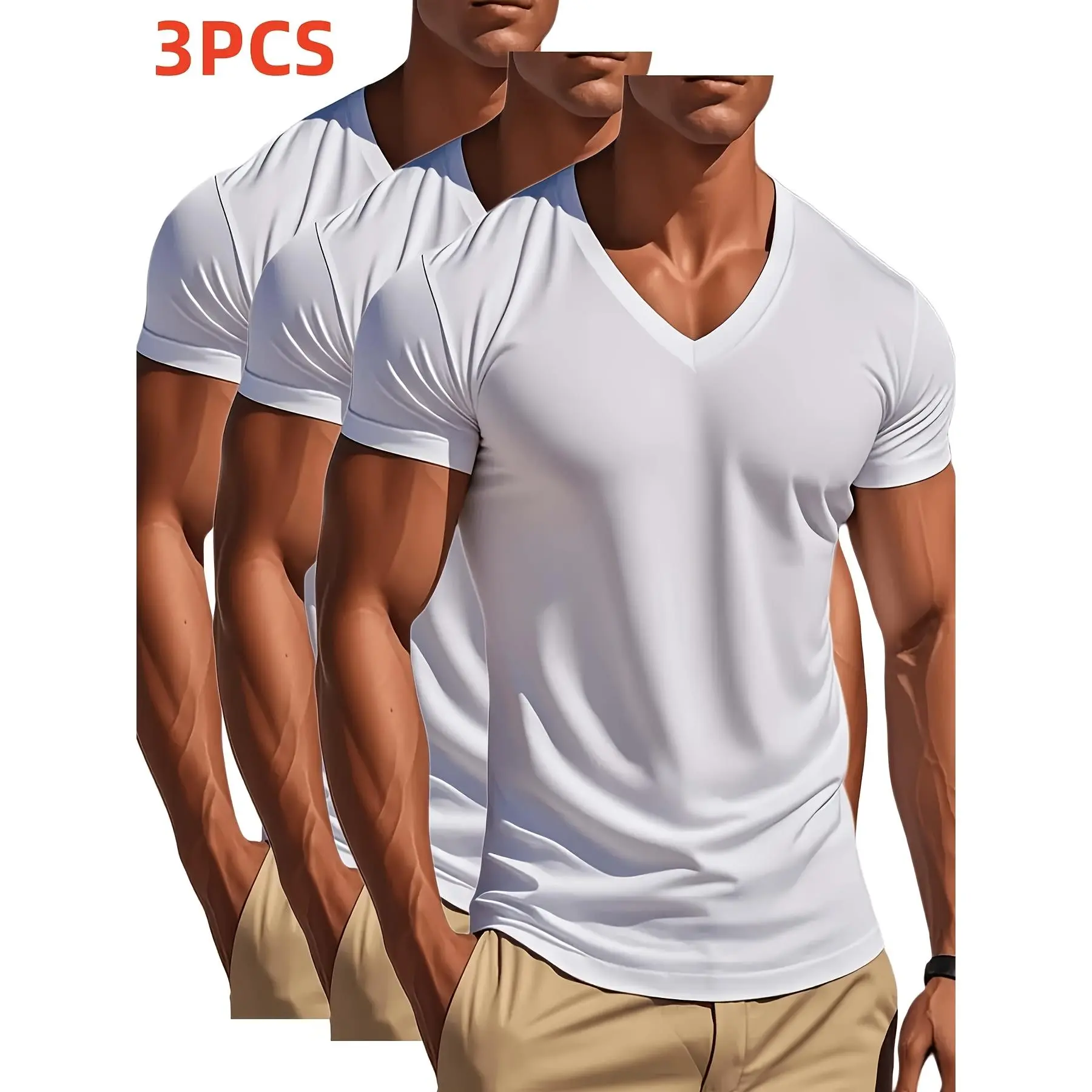 Men's Solid Color V-Neck T-Shirt, Short Sleeve, 3PCS, Summer Essential|Solid color, quick-drying polyester fiber, very suitable for outdoor running and exercise, machine washable