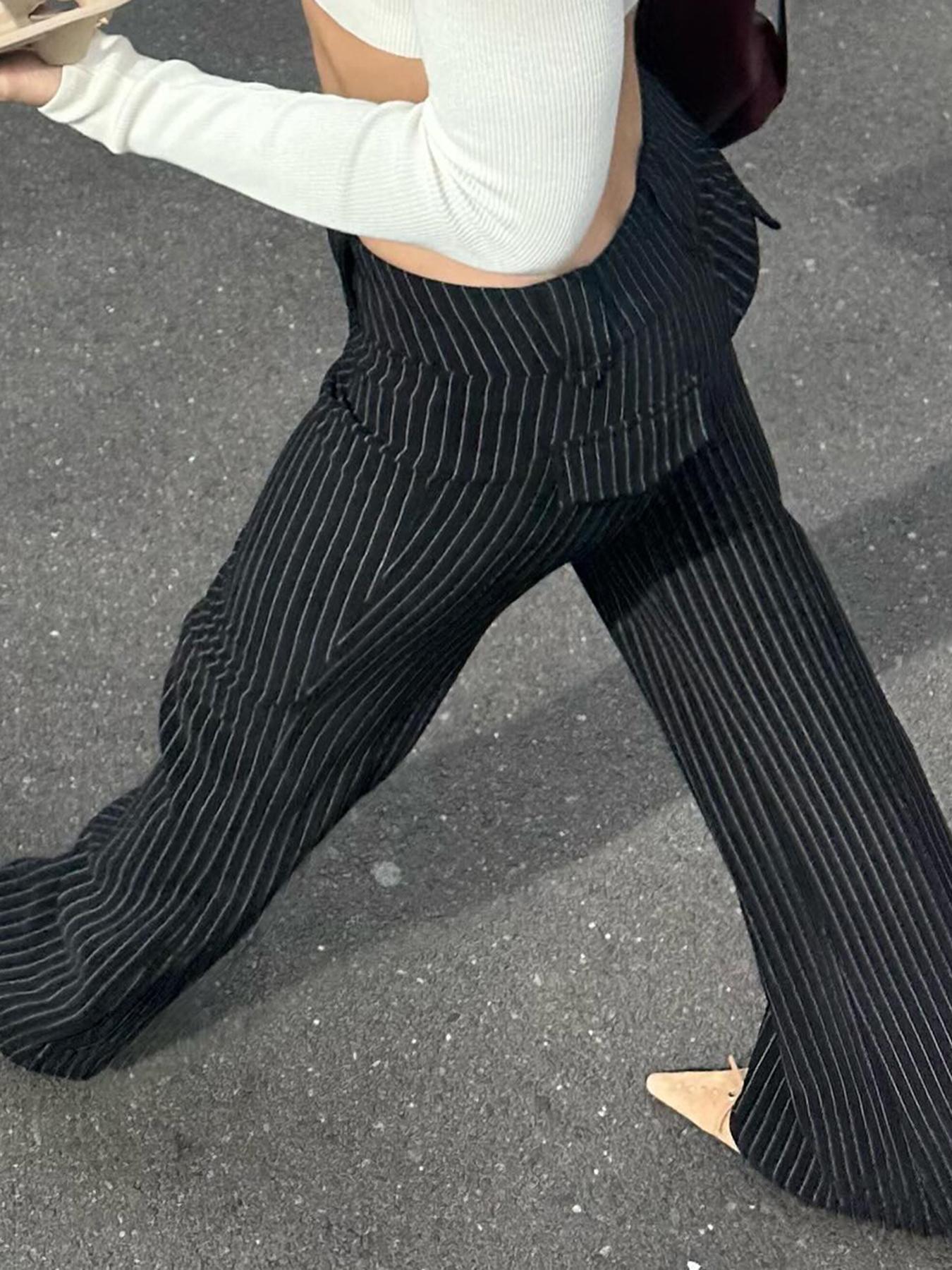 Women's Striped Print Flare Leg Fitted Pants with Zipper Fly, Street Fashion Comfy Bell Bottom Trousers for Daily Wear, Casual Chic Trousers, Ladies Bottoms for All Seasons, Womenswear