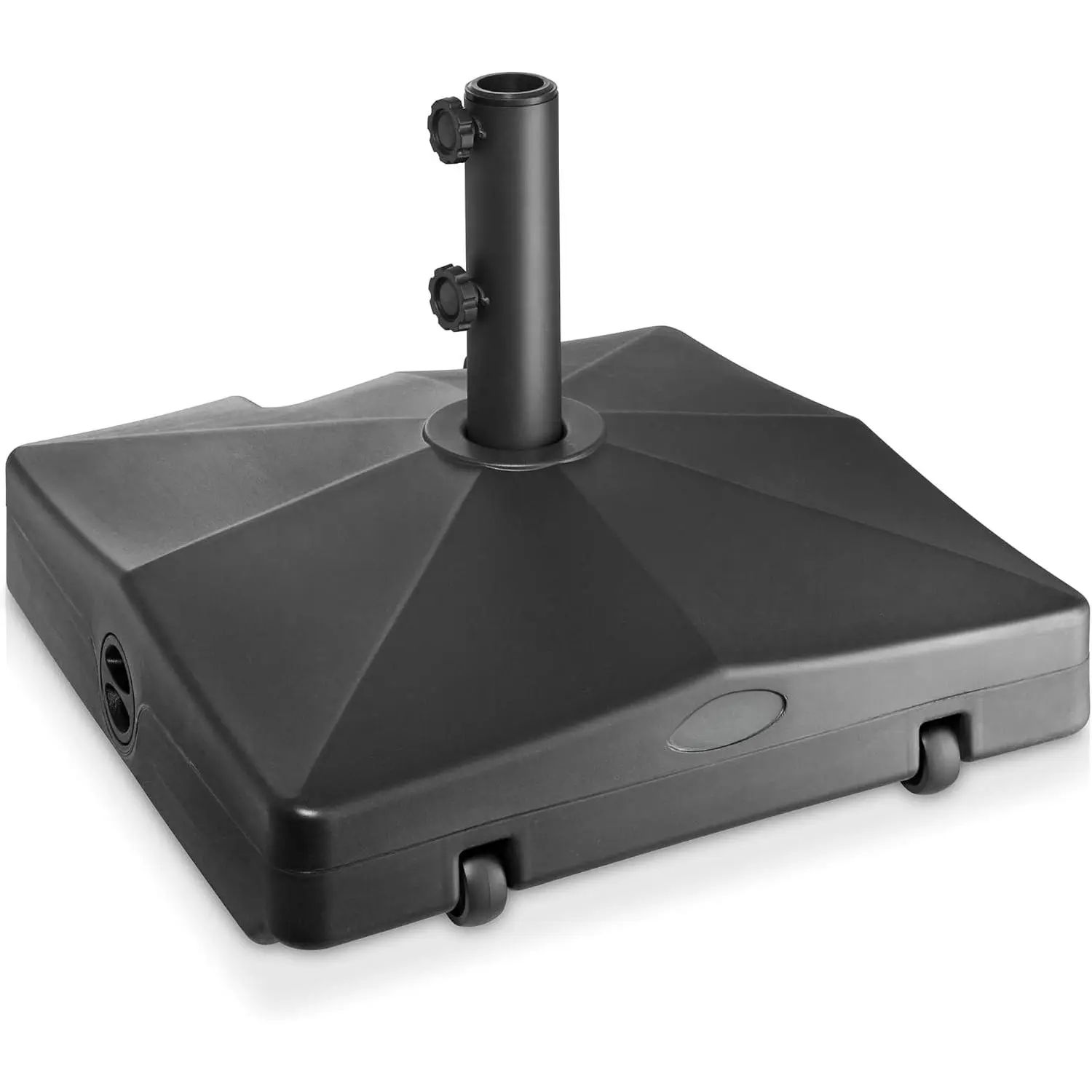 Black Patio Umbrella Base - Sturdy, Stable Fillable 100 lbs Weighted Stand with Wheels, Sleeves for 10 FT Outdoor Decks Umbrellas (20" x 20" x 6-1/2"), 100 Pounds, Adjustment Knobs