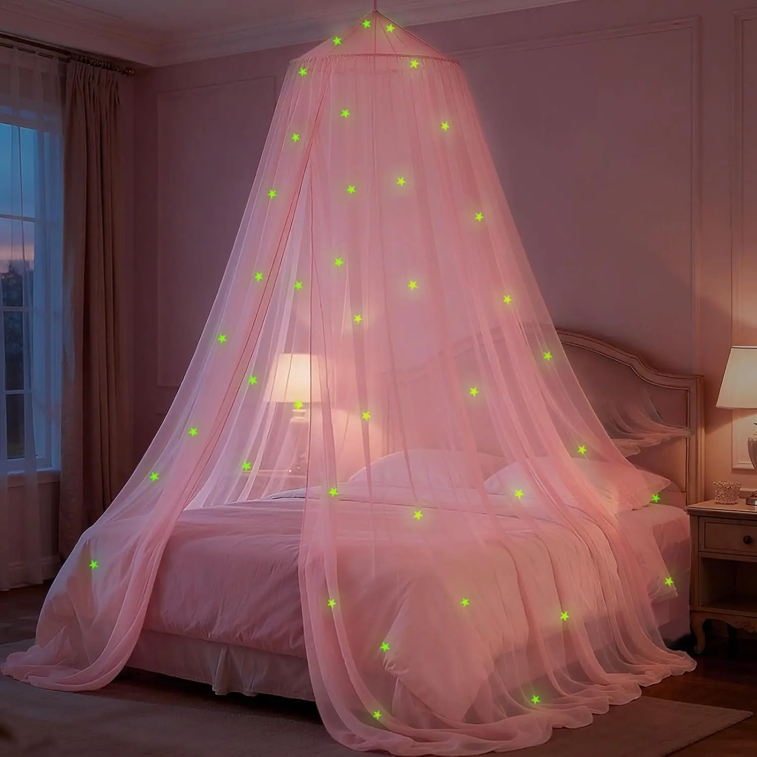 Pink Princess Bed Canopy with Glowing Stars for Girls – Fits Twin, Full & Queen Beds; Mosquito Net Canopy Tent for Reading Nooks, Indoor Room Decor & Outdoor UseGift