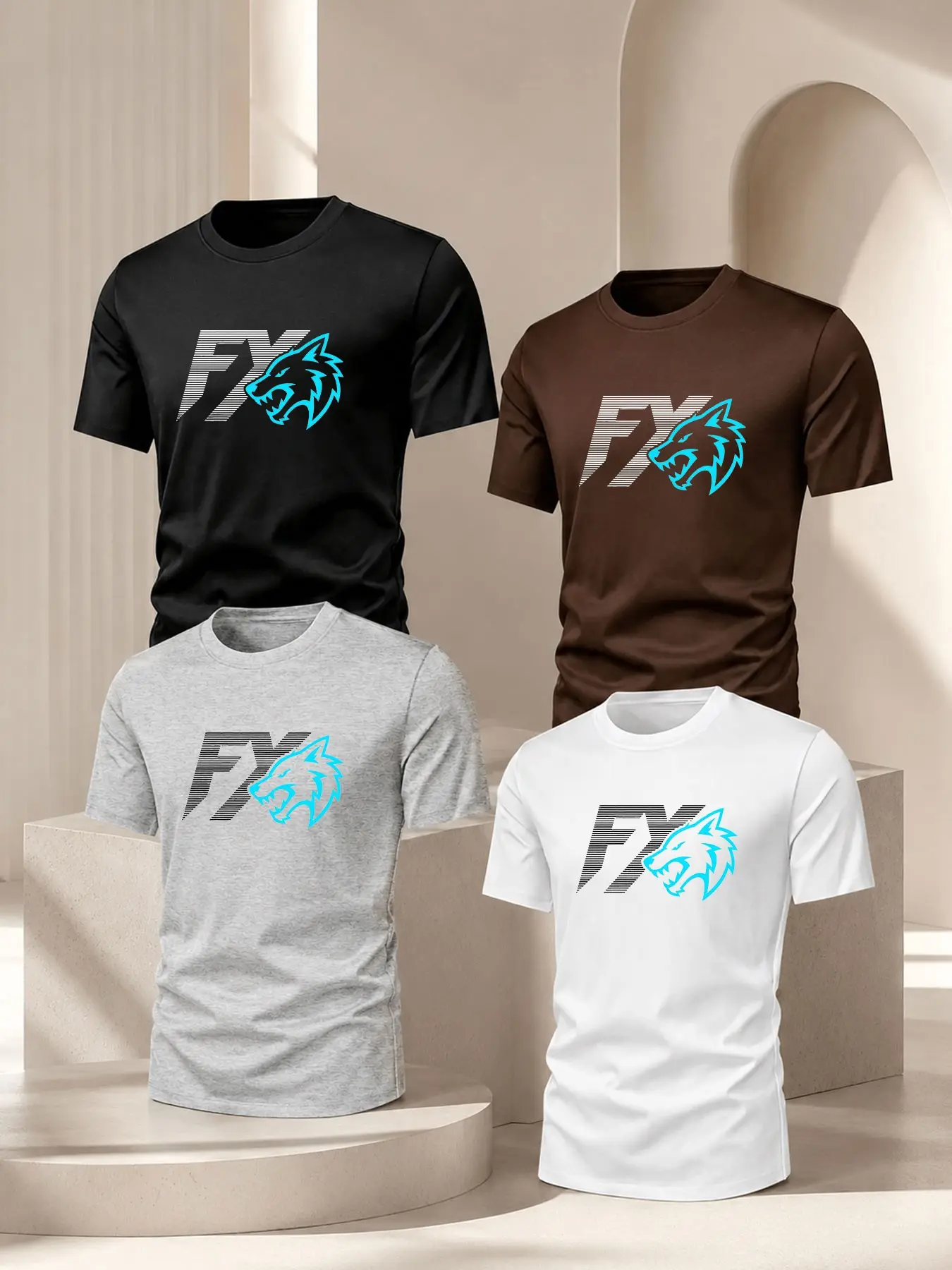 Men's Fx Letter Blue Wolf Head Print Short Sleeve T-Shirt 4-Pack, Breathable Cotton Round Neck, Casual Loose Fit, Summer Outdoor Wear
