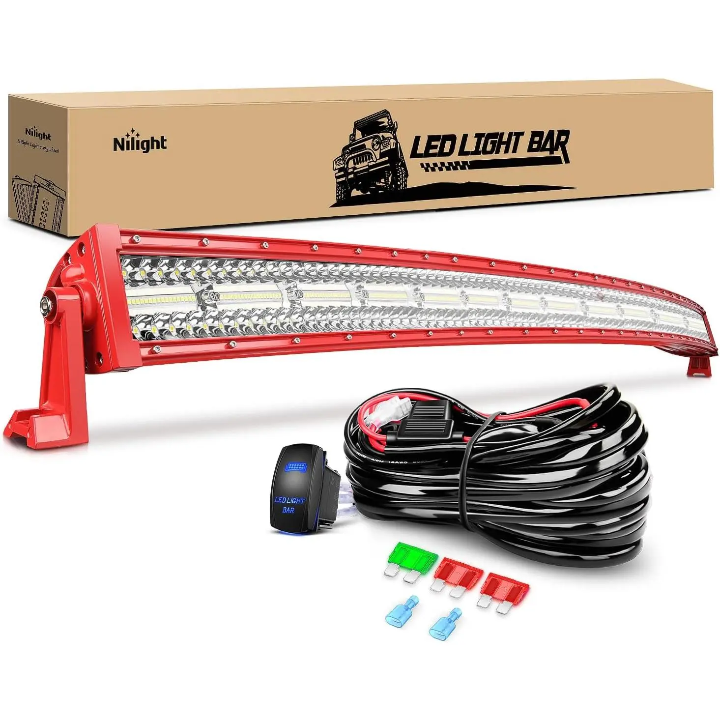 Nilight 50-Inch Triple Row Red Shell Car LED Light Bar - Spot Flood Combo with Wiring Harness, Super Bright Off-Road Fog Driving Work Lights for Trucks, SUVs, Lightbar