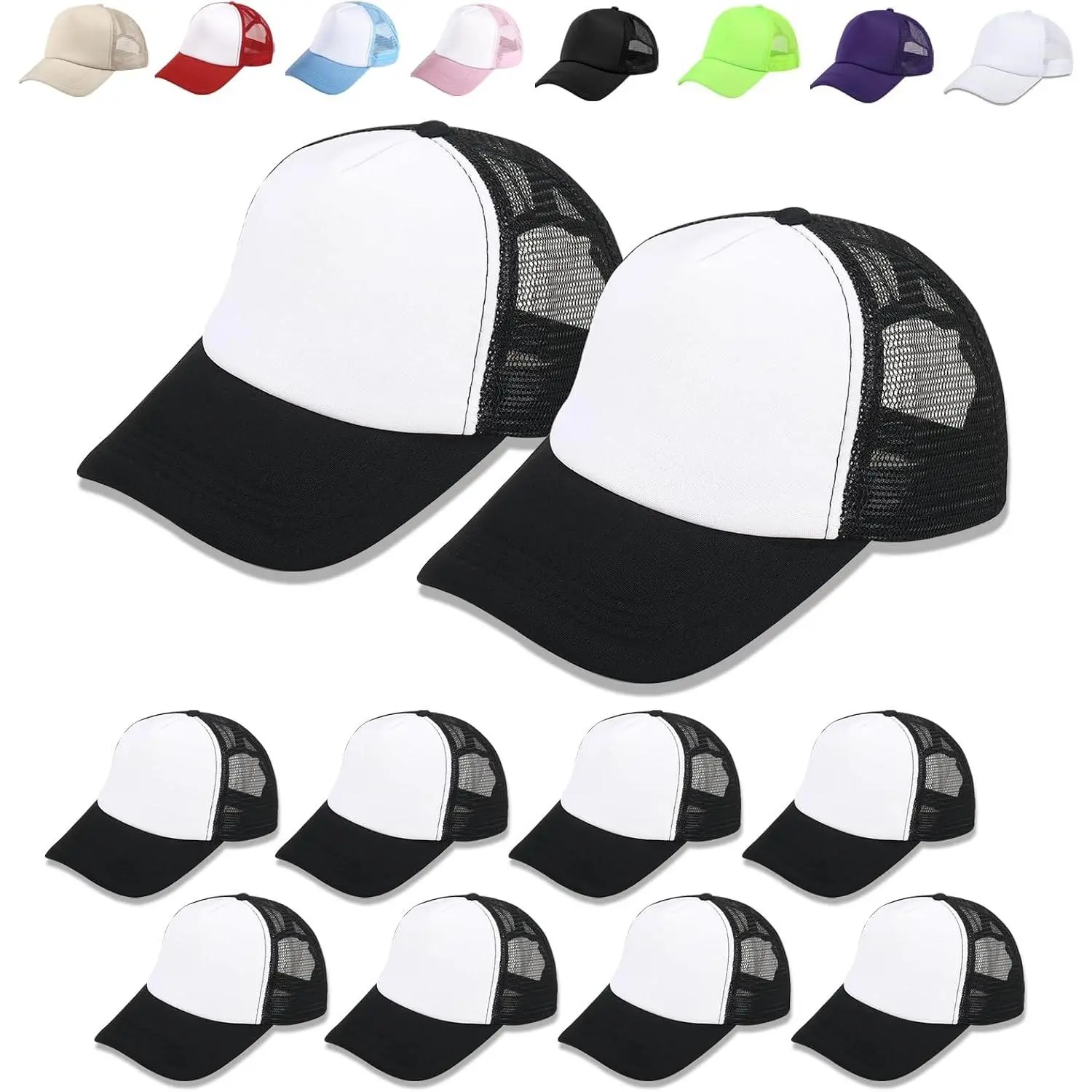10 Pack Sublimation Blank Adjustable Polyester Mesh Trucker Hats Baseball Caps for Men and Women, Black and White(Gift)