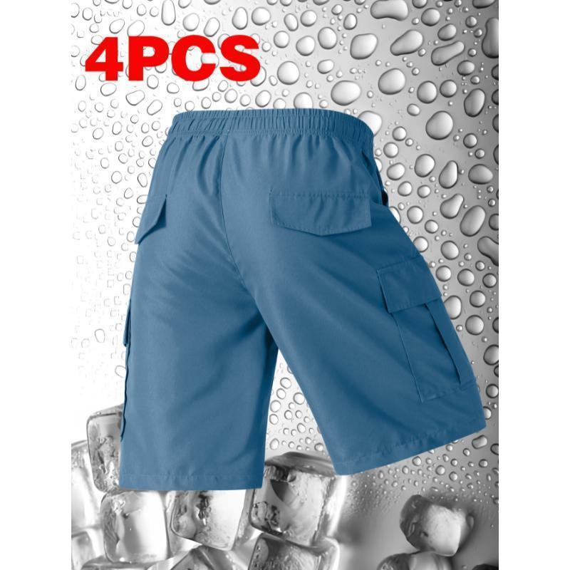 4pcs Men's Casual Cargo Shorts-Loose Fit, Drawstring Waist, Multi-Pocket Design, Polyester Fabric, Solid Colors Black, Beige, Light Blue, Dark Gray for Spring & Summer Breathable Athletic Jockstrap Pack Plus Size Sports Gym Wear Gray Joggers Gift (Sheets)