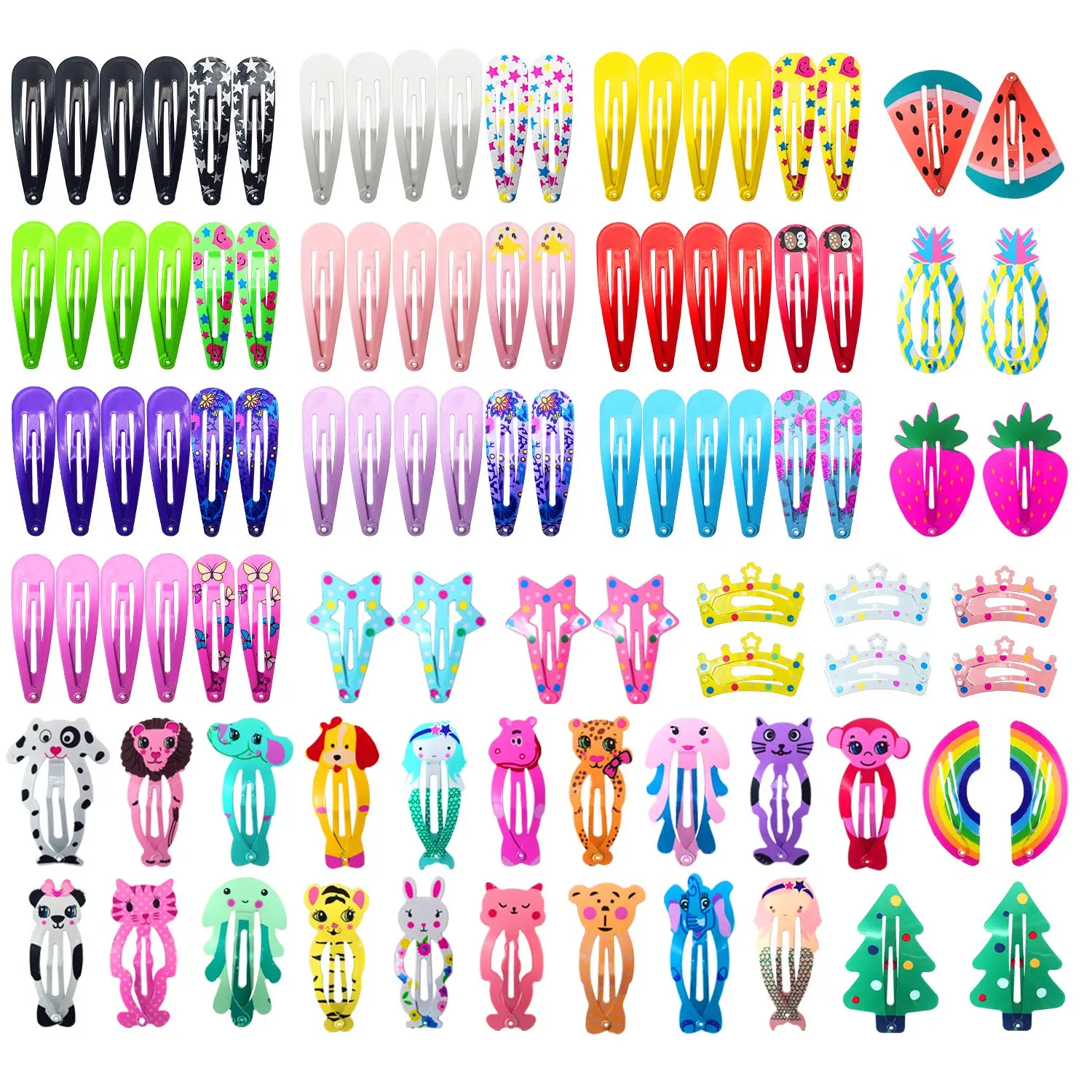 Funtopia Hair Clips for Girls, Pcs No Slip Metal Snap, Barrettes for Kids Teens Women, Cute Candy Color Cartoon Design Hair Pins (Animals Fruits Crowns Stars)