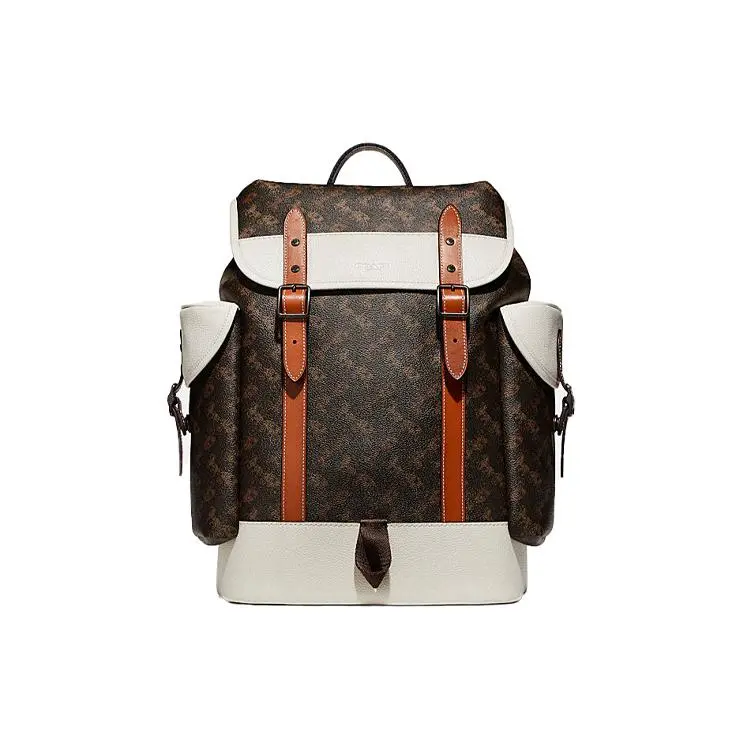 COACH Hitch 31 Classic Coach Print Color-Blocked Drawstring Flap Backpack for Men in White and Dark Brown