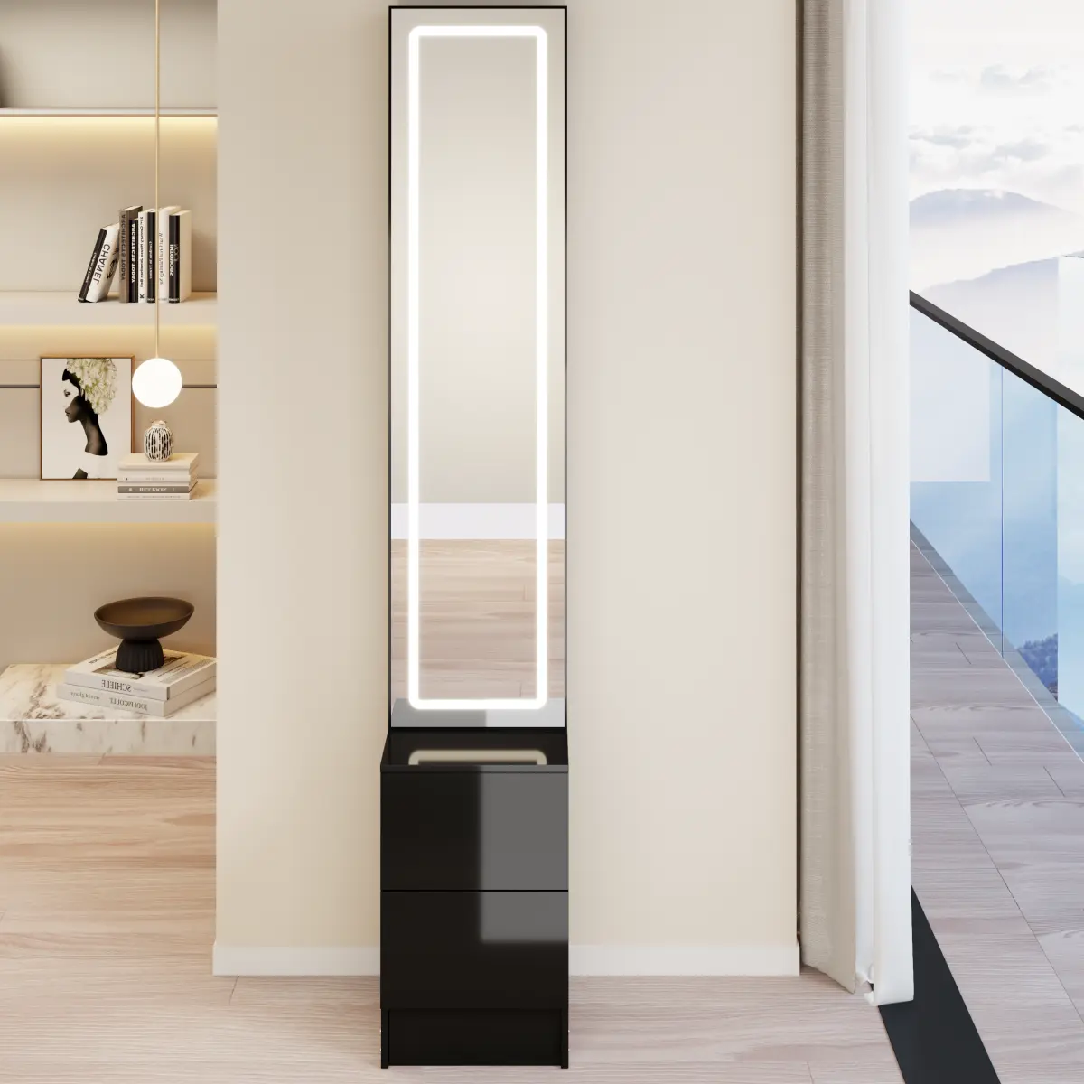 Minimalist Simple Rectangular LED Bathroom Mirror Cabinet (11.8"x15.7"x63") - Cosmetic & Jewelry Organizer, 3 Color Options, Adjustable Brightness, Extra-Large Mirror, Multi-Layer Storage