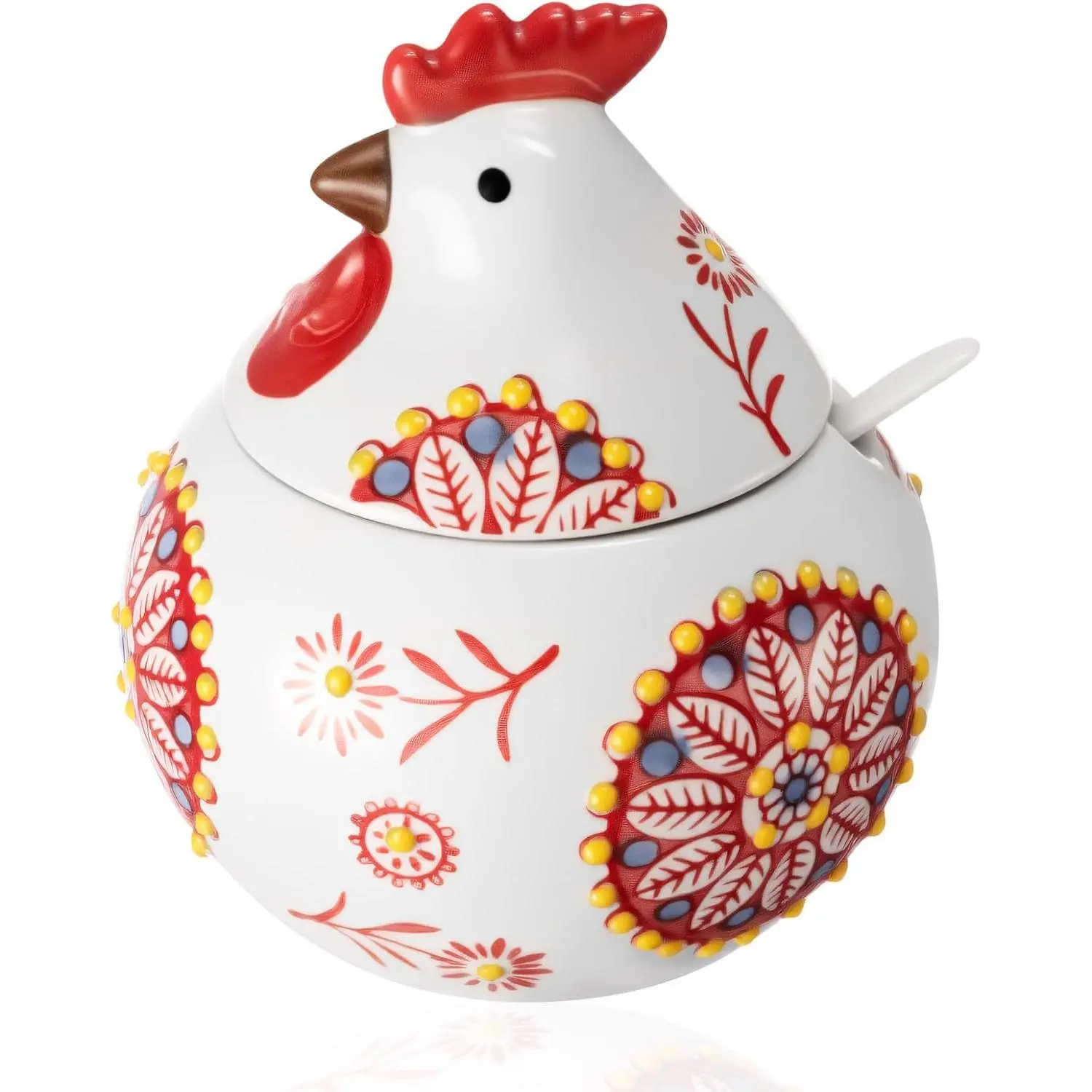 Ceramic Salt Cellar with Lid and Spoon, 13 oz Large Chicken Salt Jar, Chicken Sugar Containers for Countertop, Decorative Kitchen Holder for Coffee, Pepper, Seasonings, Spices, Candy(Red)