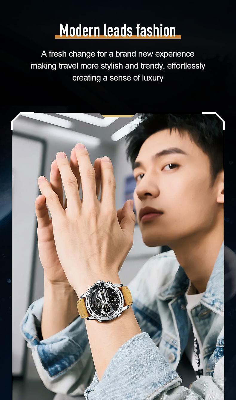 Men's Military Sport Digital Analog Quartz Watch - 50M Waterproof Wristwatch with LED Backlight, Dual Time, Alarm, Stopwatch, Tactical Outdoor Watch for Men, Brown Leather Strap, Perfect Gift for Him