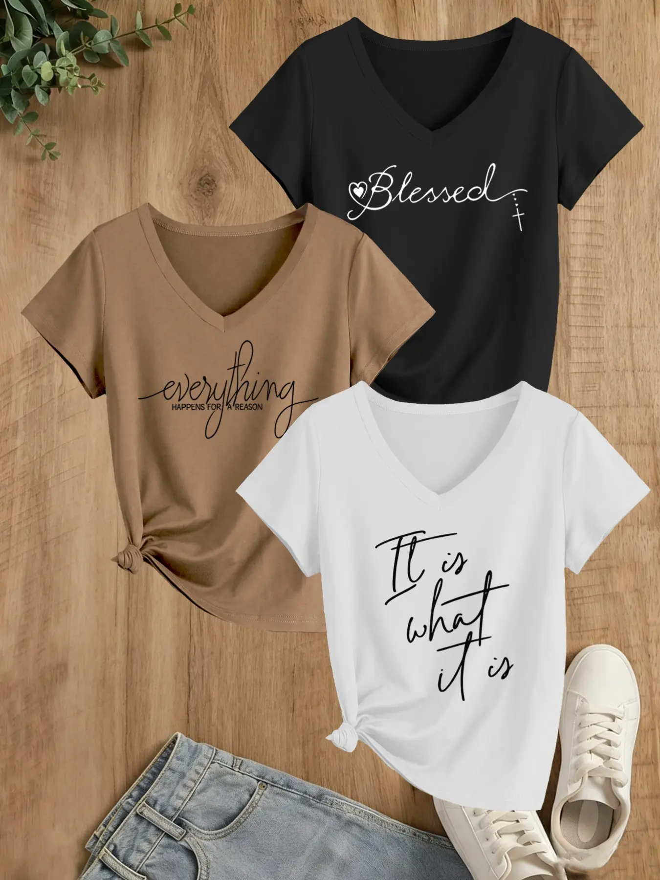 Women's 3-Pack Positive Quote Print T-Shirts, Fashion V-Neck Short Sleeve, Soft Skin-Friendly Fabric, All Season Wear