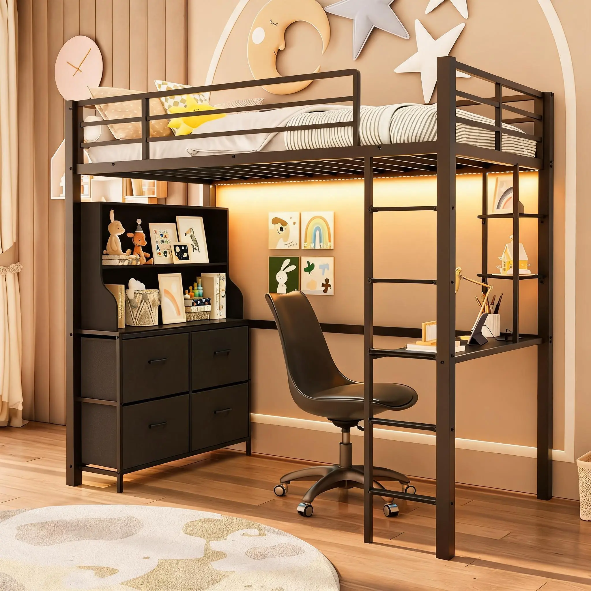 Twin Size Loft Bed with Desk & 4 Fabric Drawers, Black Metal Frame with RGB LED Lights & Power Outlets, Space Saving Storage Shelves, 350lbs