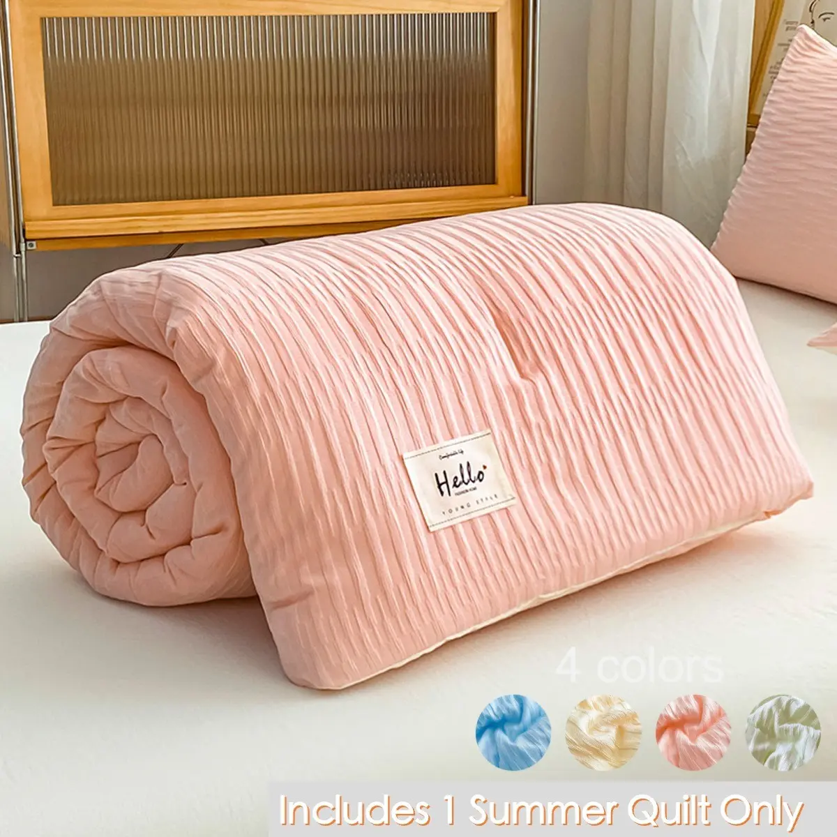 1-Piece TikTok Style Bedroom Makeover Summer Comforter, Breathable Bedding, Solid Crinkle Stripe Design, Photo-Ready Aesthetic Look, Soft Skin-Friendly, Lightweight and Breathable, Multi-Size Available for Dorm, Bedroom, Breathable Summer Quilt