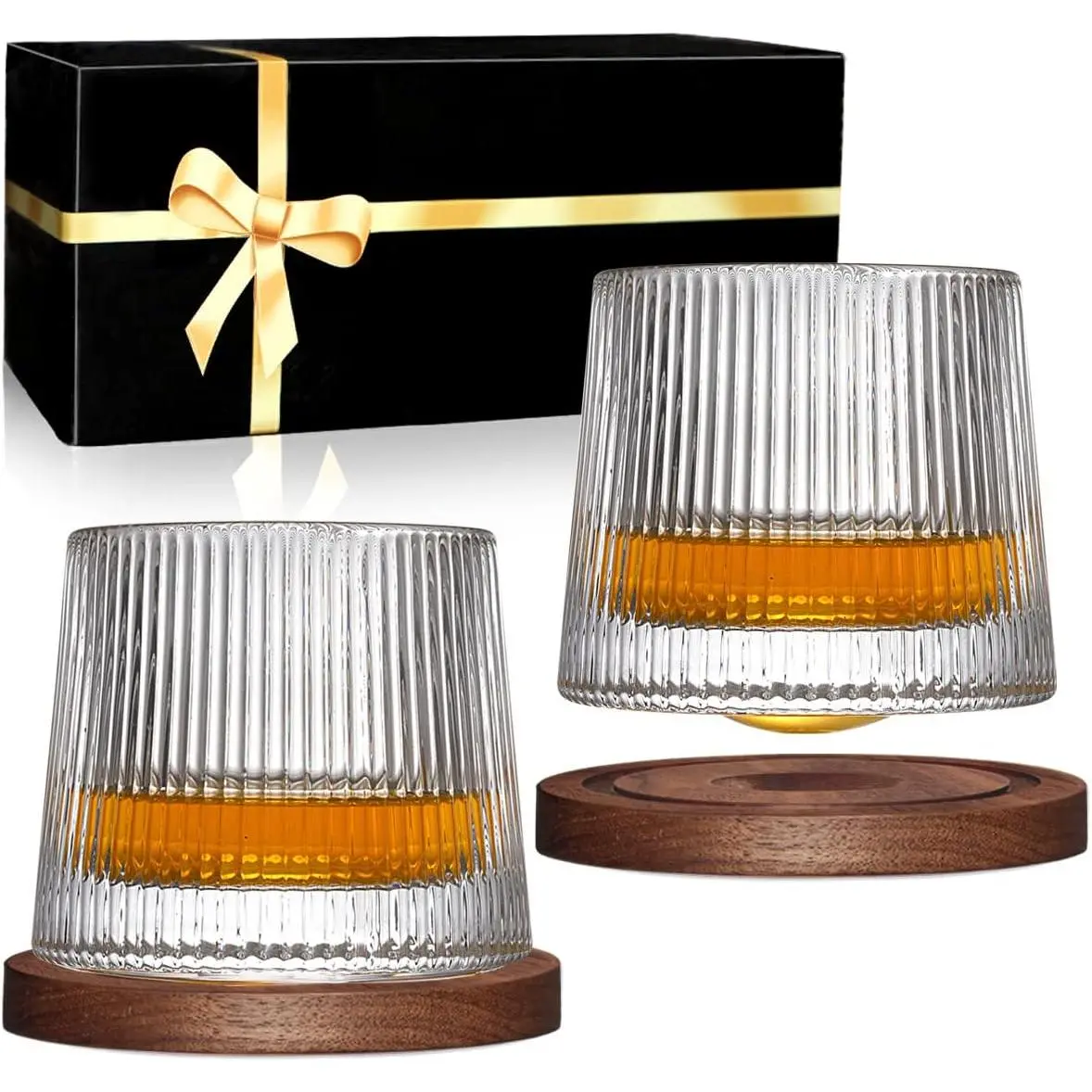 Glasses Set of 2, Rotatable Tumbler  Glass Cups, Drinking Glasses with 2 count Creative Walnut Coasters and  Box - for ,,