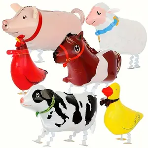 Six Cute Walking Ground Balloons, Farm Theme Chickens, Ducks, Cows, Horses, Sheep, Cute Animals Suitable for Farm Parties, Children's Parties, Birthday Party Balloon Decorations
