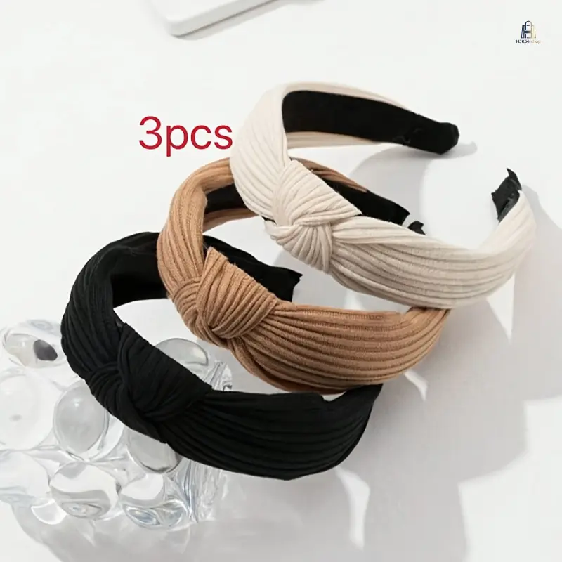 3 Pack Solid Knotted Knit Headbands for Women, Cross Wrap Retro Fabric Hair Bands, Versatile Sweat Head Wraps for Face Washing, Sports & Daily Styling