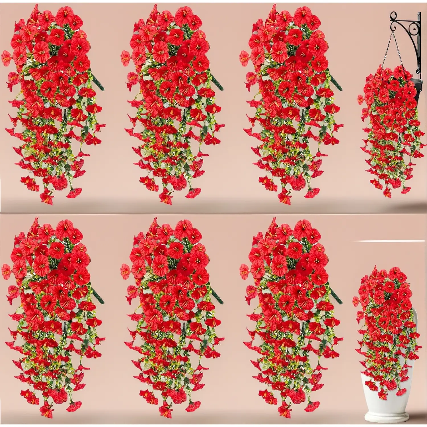 6 PCS UV-Resistant Synthetic Silk Morning Glory Artificial Hanging Flowers with Eucalyptus Leaves, Realistic Red Decorative Faux Plants for Balcony, Outdoor Patio, DIY Decorators’ Home Supplies