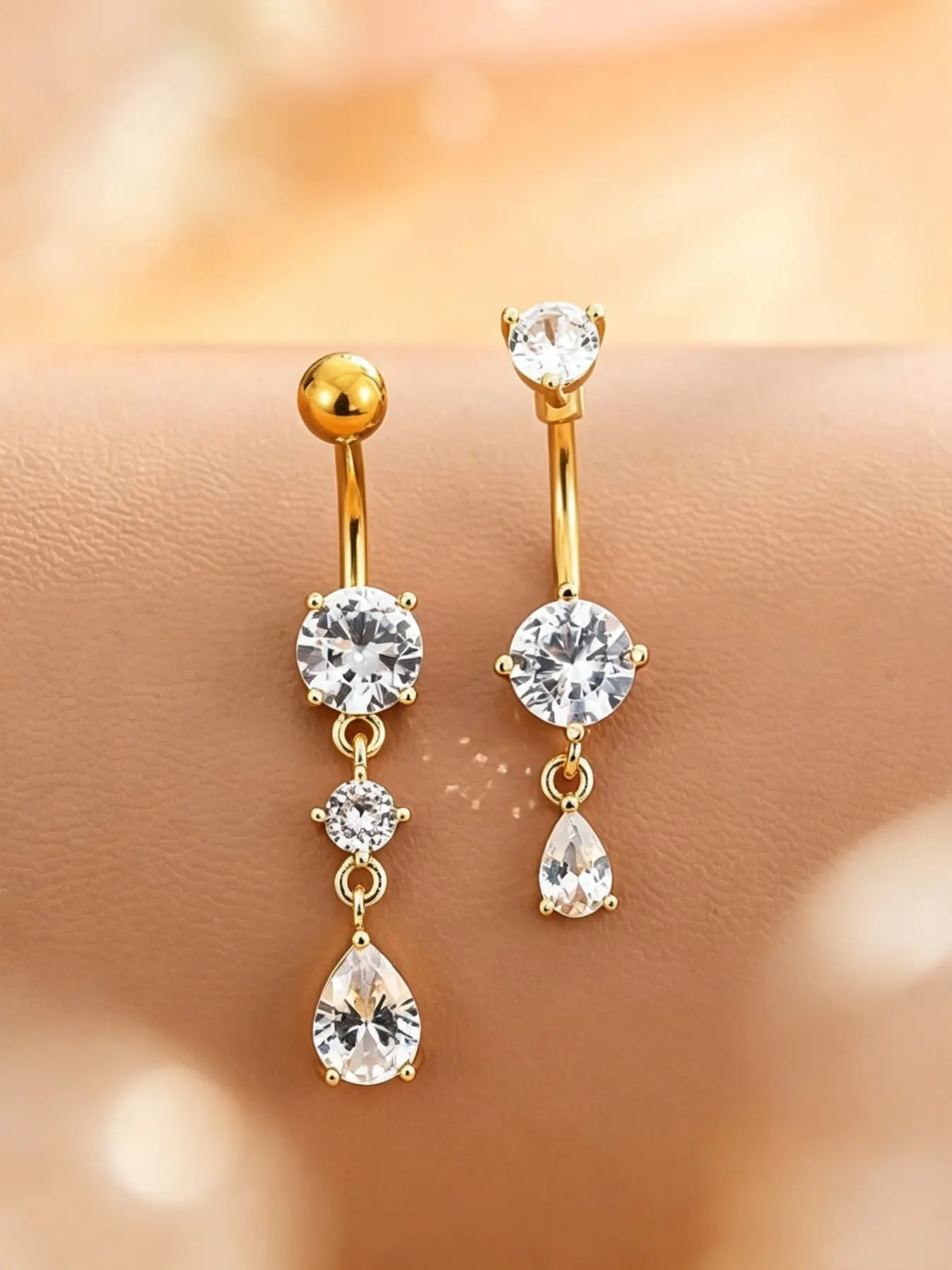 Stainless Steel Dangle Belly Ring Set, 2Pcs Round Teardrop CZ Drop Navel Piercing Jewelry, Gold & Silver Two Tone Hypoallergenic Body Piercing Accessories, Belly Button Jewelry, Navel Rings Set, Belly Button Piercings