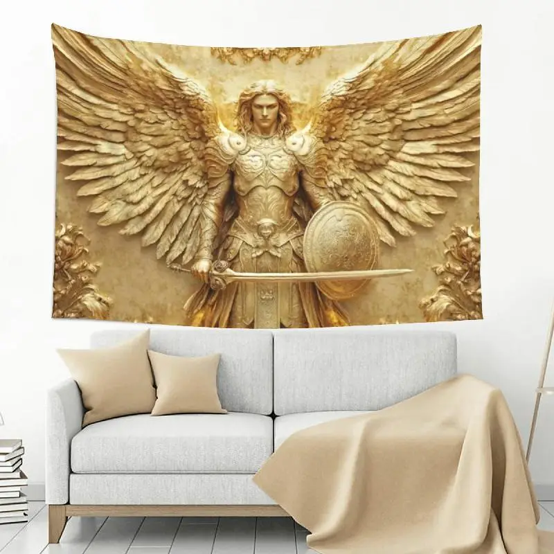 Golden Archangel Saint Michael Tapestry 5ft x 3ft 60in x 40in, Angel Warrior Sword Shield Wall Hanging Tapestry for Bedroom Dorm Living Room Prayer Room Church Backdrop, Peach Skin Fabric Indoor Outdoor Home Decor Wall Art Gift for Christian Room