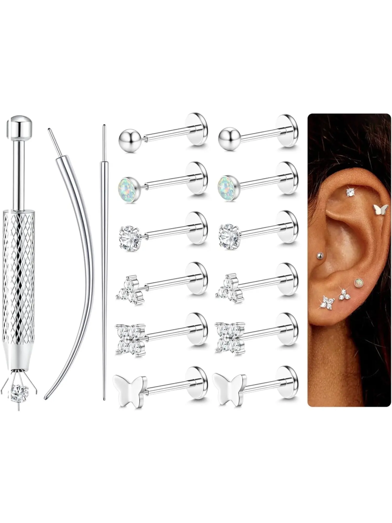 6Pairs 316L Surgical Steel Piercing Studs for Women, 16G/18G/20G Silver Hypoallergenic Flat Back Nose & Cartilage Earrings, multi-use for Tragus, Helix, Labret, Medusa Lip Piercing, great for daily wear & holiday gifts
