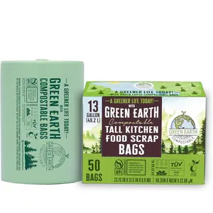 Compostable Tall Kitchen Food Scrap Trash Bags, Superior Strength 0.9 Mil, Compost Bin Compatible, 13 Gallon, 49 Liter, 50-Count, ASTM D6400, BPI (US) & OK Compost Home (EU) Certified