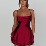 【Black Friday】Women’s Lace-Up Backless Stretch Satin Cami Mini Dress, Elegant Cowl-Neck Sleeveless A-Line Dress with Tiered for Summer Parties, Holidays, Weddings, Evening Events, Formal Occasions, and Date Nights, Womenswear
