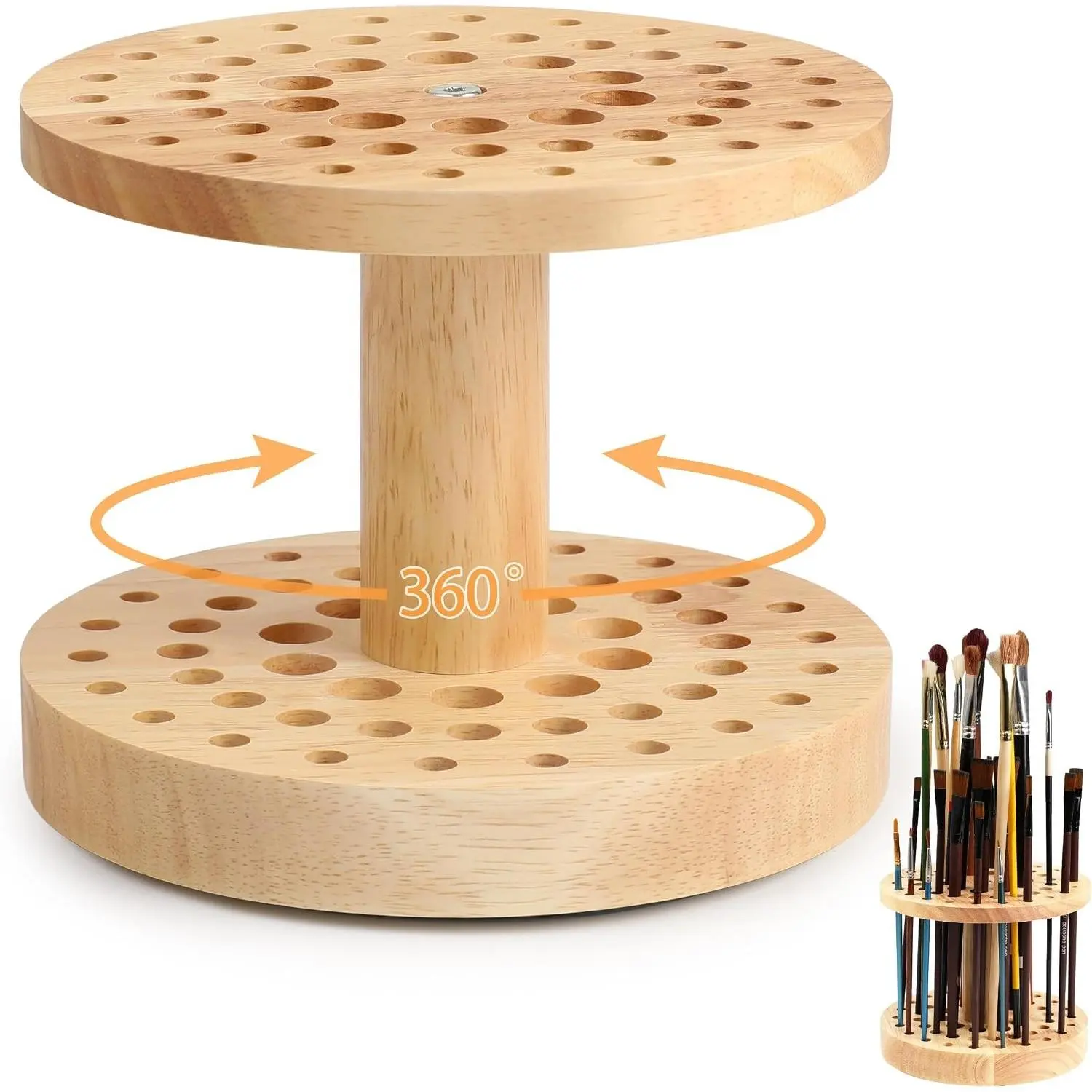 52 Holes 360° Rotating Paint Brush Holder, Hardwood Paint Brush Organizer Storage Stand Rack for Artists Brushes, Crafts Tools, Makeup Brushes, Calligraphy Pens